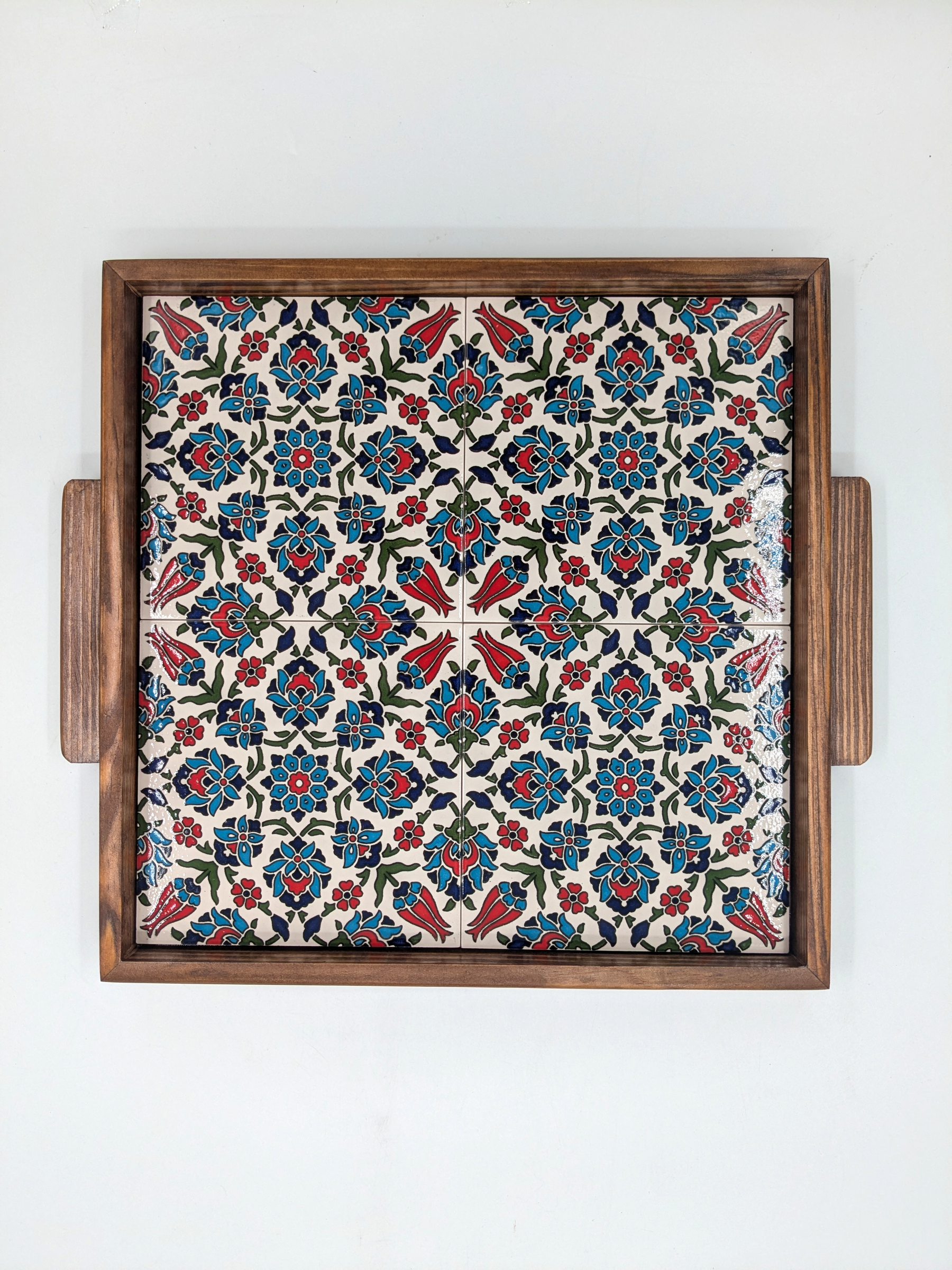 Bandeja de servicio hecha a mano de Palestina - floral rojo/azul